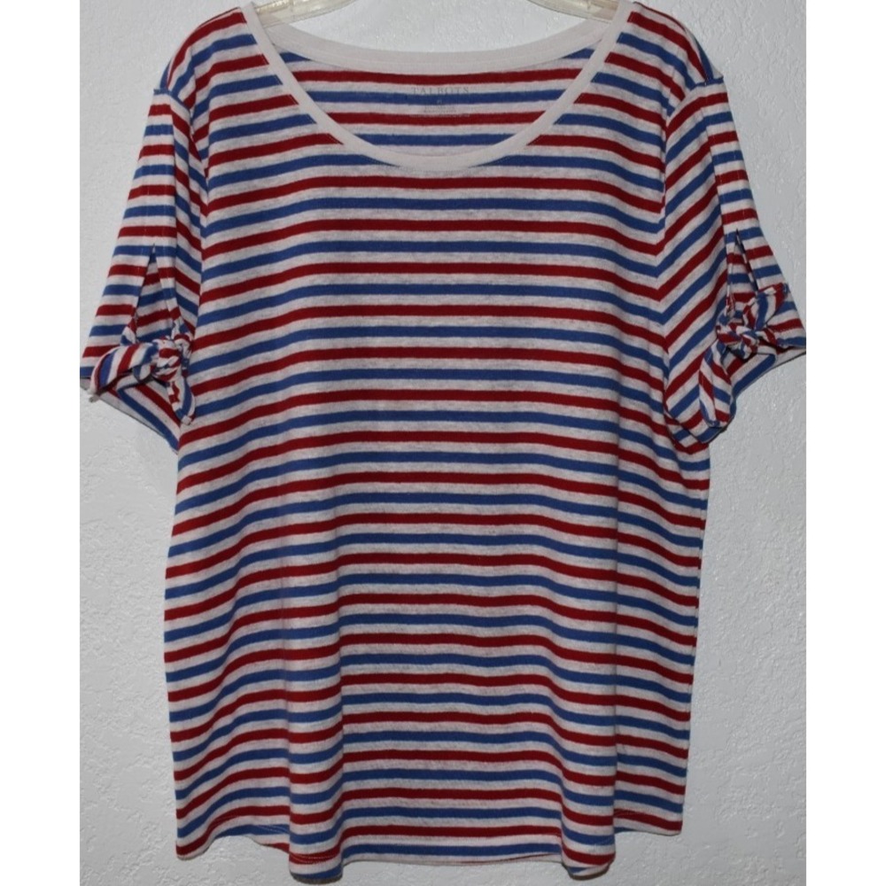 Talbots XL Short Sleeve Linen Blend Top Red‎ Blue White Patriotic Stripe Preppy